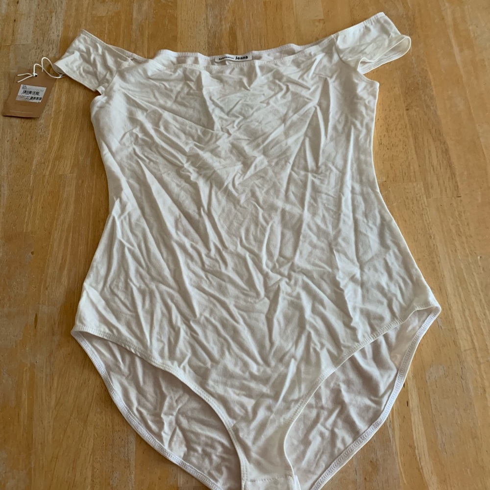 Reformation jeans white off shoulder body suit